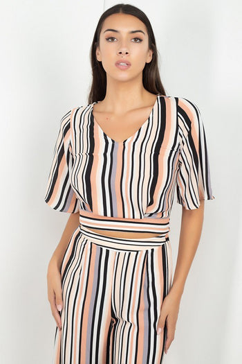 Stripped Scoop Neck Top Wide Leg Pants Set - Deals Kiosk