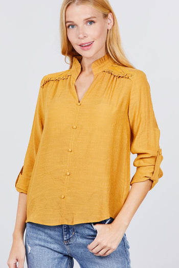 V-neck Button Down Woven Top - Deals Kiosk