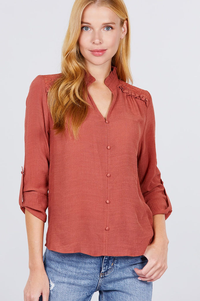 V-neck Button Down Woven Top - Deals Kiosk