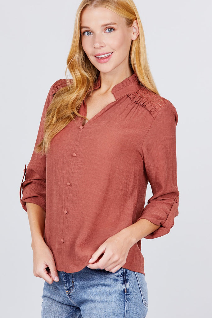 V-neck Button Down Woven Top - Deals Kiosk