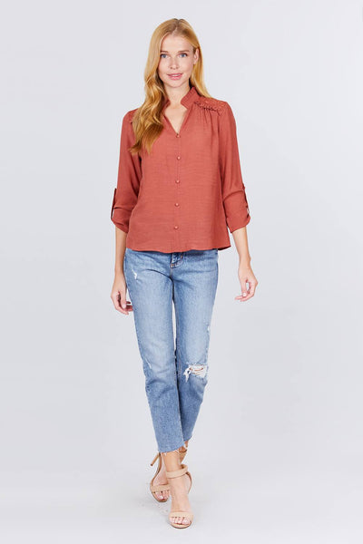 V-neck Button Down Woven Top - Deals Kiosk