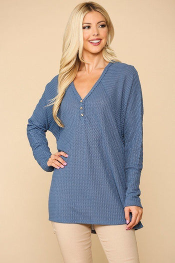 Waffle Knit And Woven Print Mixed Hi Low Flowy Tunic Top - Deals Kiosk