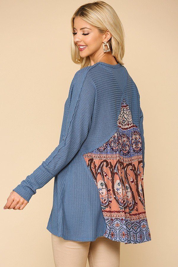 Waffle Knit And Woven Print Mixed Hi Low Flowy Tunic Top - Deals Kiosk
