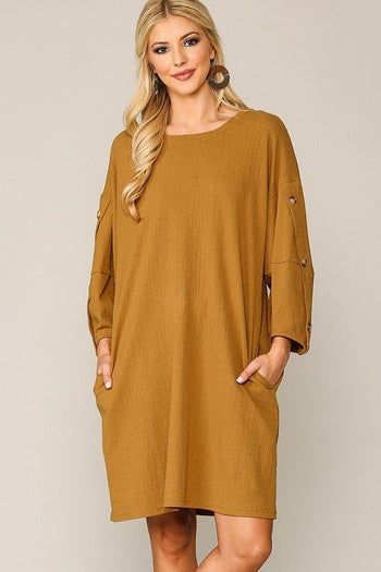 Textured Button Accent Puff Sleeve Side Pockets Shift Dress - Deals Kiosk