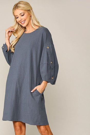 Textured Button Accent Puff Sleeve Side Pockets Shift Dress - Deals Kiosk