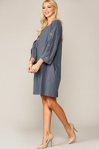 Textured Button Accent Puff Sleeve Side Pockets Shift Dress - Deals Kiosk