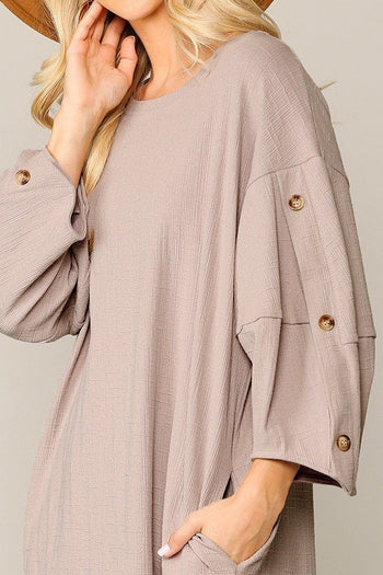 Textured Button Accent Puff Sleeve Side Pockets Shift Dress - Deals Kiosk
