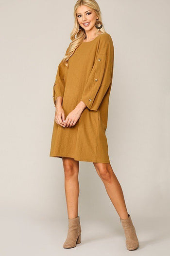 Textured Button Accent Puff Sleeve Side Pockets Shift Dress - Deals Kiosk