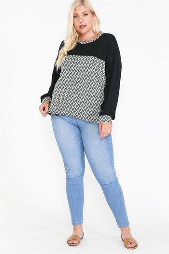 Jacquard Contrast With Drop Shoulder Long Sleeve Round Hem Top - Deals Kiosk