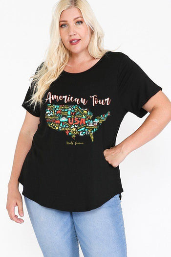 Usa Tour Graphic Round Hem Short Sleeve Top - Deals Kiosk