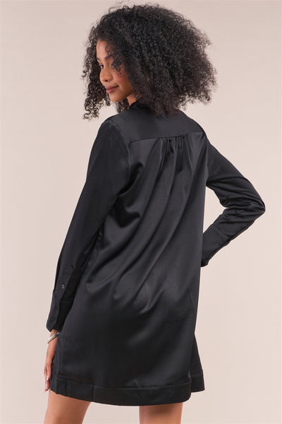 Jet Black Satin V-neck Long Sleeve Relaxed Fit Shirt Dress - Deals Kiosk