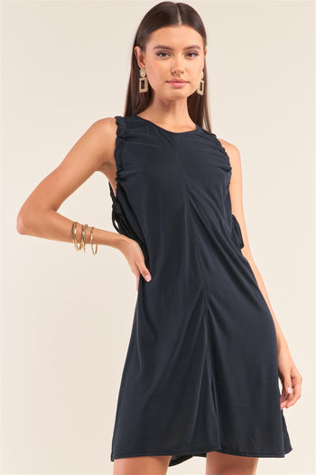 Sleeveless Drawstring Detail Crew Neck Knit Back Keyhole Mini Dress - Deals Kiosk