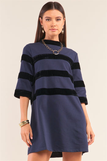 Navy Contrast Velvet Round Neck Open Back Self-tie Keyhole 3/4 Sleeve Mini Dress - Deals Kiosk