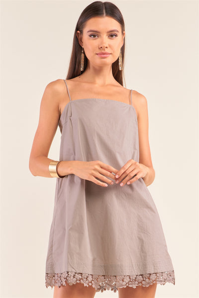Mocha Lace Trim Swing Adjustable Cami Mini Dress - Deals Kiosk