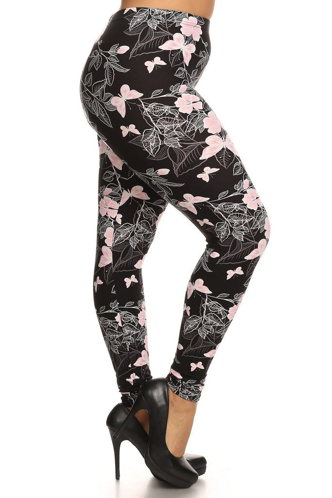 Plus Size Super Soft Peach Skin Fabric, Butterfly Graphic Printed Knit Legging - Deals Kiosk