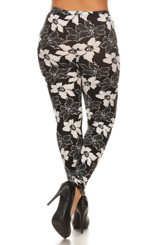Plus Size Floral Pattern Printed Knit Legging With Elastic Waistband - Deals Kiosk