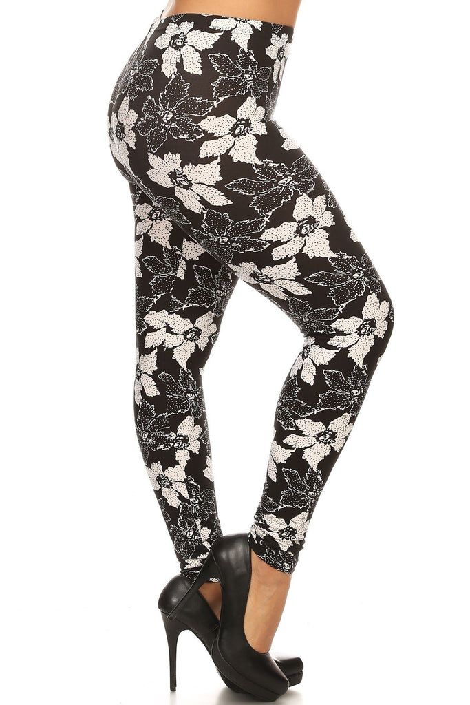Plus Size Floral Pattern Printed Knit Legging With Elastic Waistband - Deals Kiosk