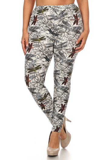 Plus Size Dragonfly Print, Full Length Leggings In A Fitted Style With A Banded High Waist. - Deals Kiosk