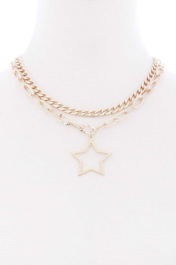 Chunky 2 Layered Chain Star Pendant Metal Necklace - Deals Kiosk