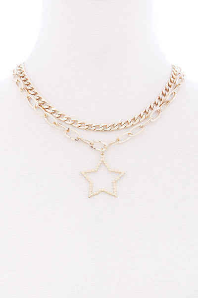 Chunky 2 Layered Chain Star Pendant Metal Necklace - Deals Kiosk