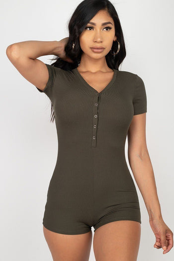 Button Trim Romper - Deals Kiosk