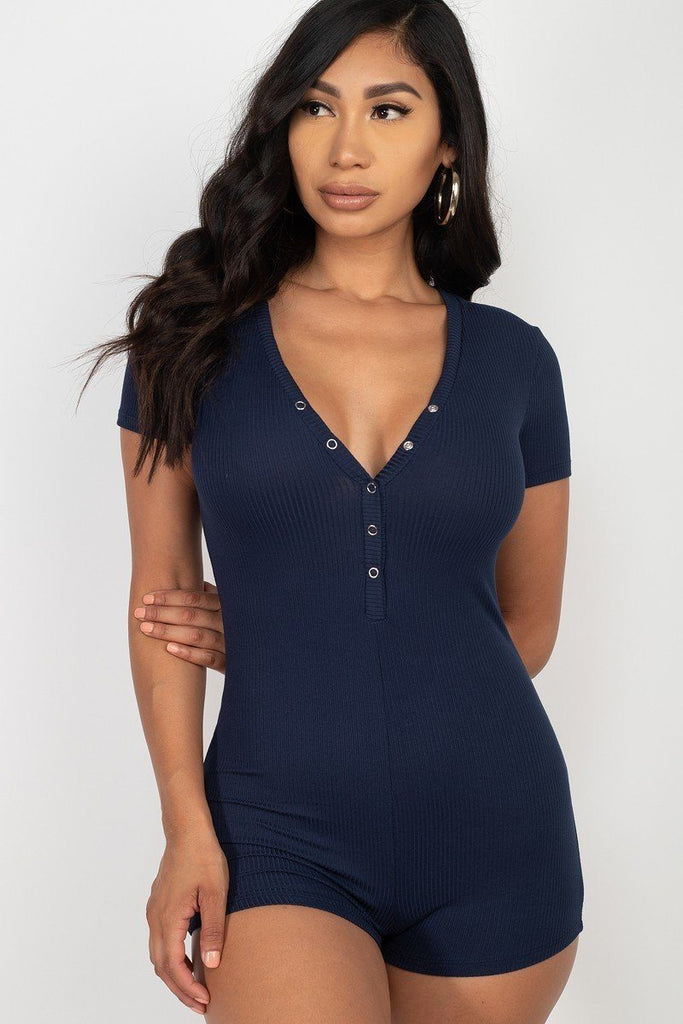 Button Trim Romper - Deals Kiosk