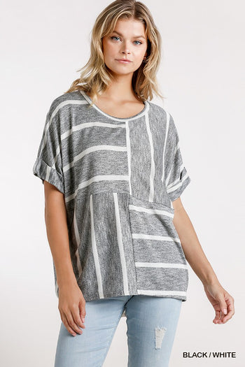 Horizontal And Vertical Striped Short Folded Sleeve Top With High Low Hem - Deals Kiosk