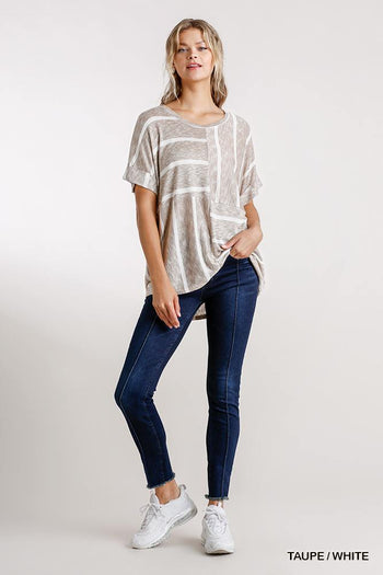 Horizontal And Vertical Striped Short Folded Sleeve Top With High Low Hem - Deals Kiosk