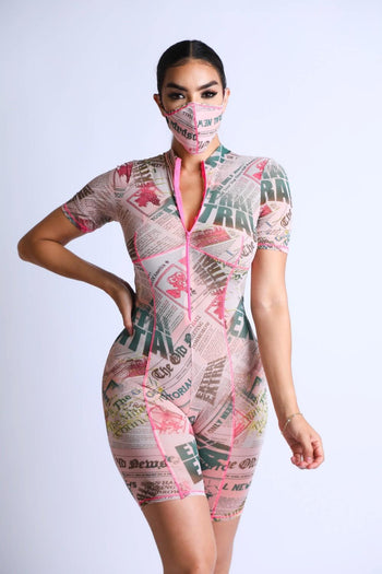 Printed Mesh Romper With Stitching Detail With Mask - Deals Kiosk
