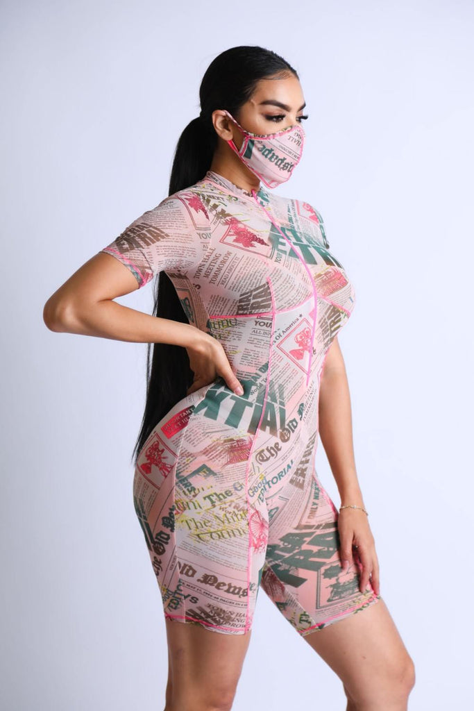 Printed Mesh Romper With Stitching Detail With Mask - Deals Kiosk