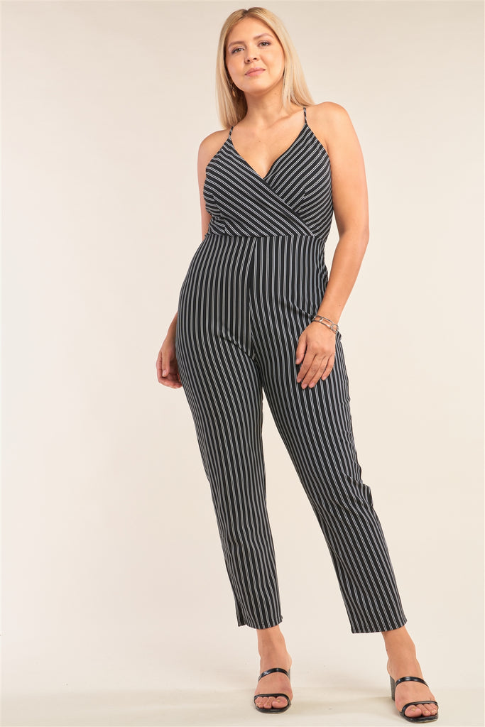 Plus Size Black & White Striped Wrap Sleeveless Criss-cross Strap Deep Plunge V-neck Jumpsuit - Deals Kiosk