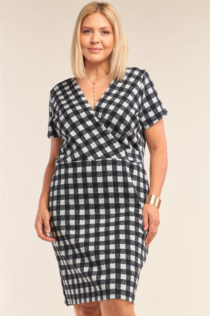 Plus Size Black&white Checkered Fitted Wrap Deep Plunge V-neck Dress - Deals Kiosk