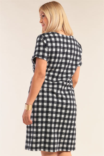 Plus Size Black&white Checkered Fitted Wrap Deep Plunge V-neck Dress - Deals Kiosk
