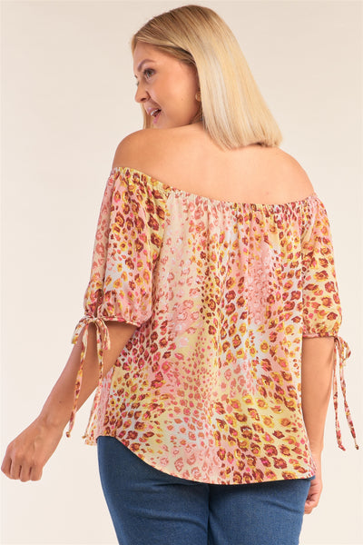 Plus Size  Leopard Print Relaxed Fit Off-the-shoulder Draw String Self Tie Puff Sleeve Top - Deals Kiosk