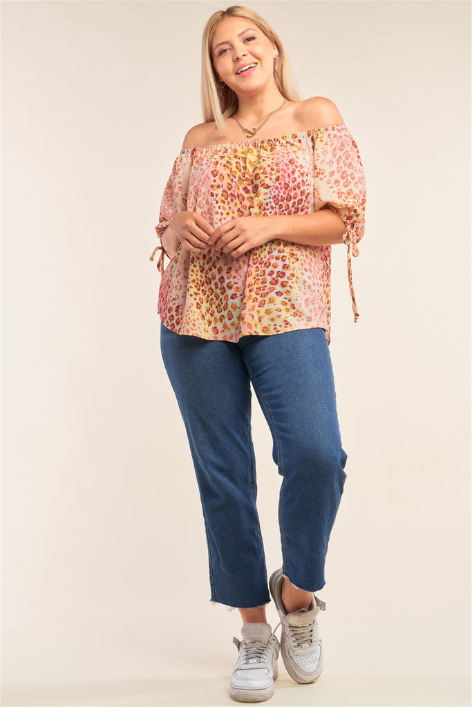 Plus Size  Leopard Print Relaxed Fit Off-the-shoulder Draw String Self Tie Puff Sleeve Top - Deals Kiosk