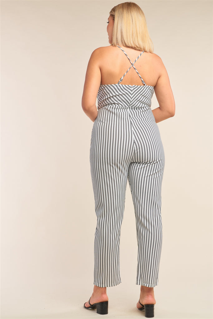 Plus Size Black&white Striped Wrap Sleeveless Criss-cross Strap Deep Plunge V-neck Jumpsuit - Deals Kiosk