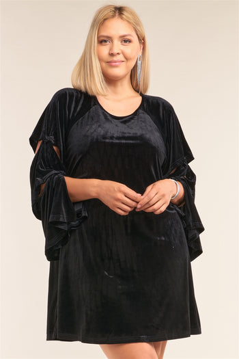 Plus Size Juliet Black Velvet Relaxed Fit Cut-out Detail Layered Long Sleeve Mini Dress - Deals Kiosk