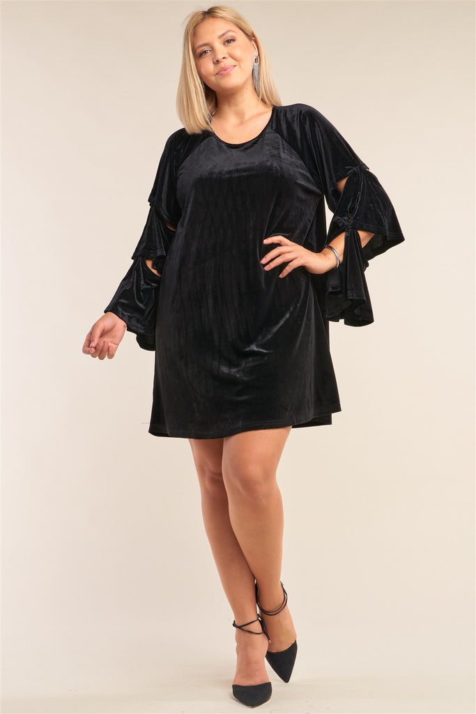 Plus Size Juliet Black Velvet Relaxed Fit Cut-out Detail Layered Long Sleeve Mini Dress - Deals Kiosk