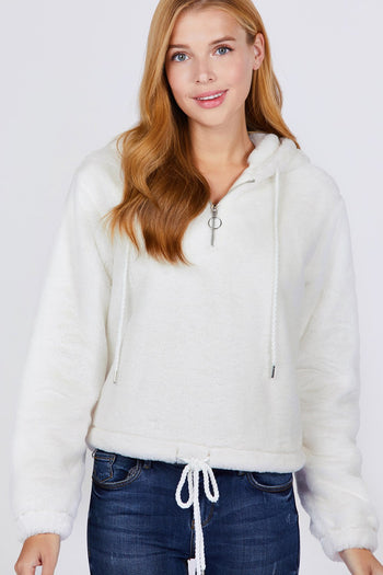 Zipper Detail Faux Fur Hoodie - Deals Kiosk