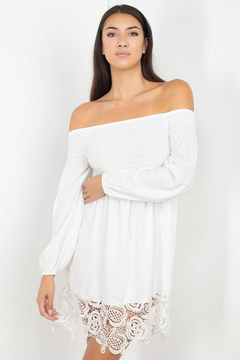 Smocking Off Shoulder Lace Dress - Deals Kiosk