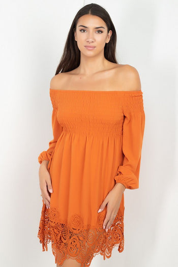 Smocking Off Shoulder Lace Dress - Deals Kiosk