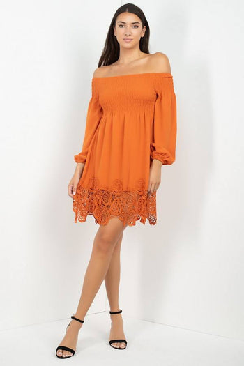 Smocking Off Shoulder Lace Dress - Deals Kiosk