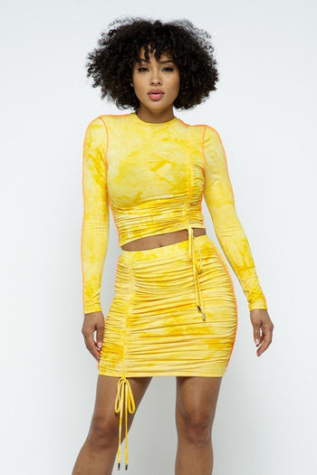 Tie Dyed Mock Neck Long-sleeve Cropped Top And Mini Skirt Set - Deals Kiosk