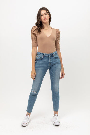 Sheered 3/4 Sleeve, V Neck Rayon Jersey Body Suit - Deals Kiosk