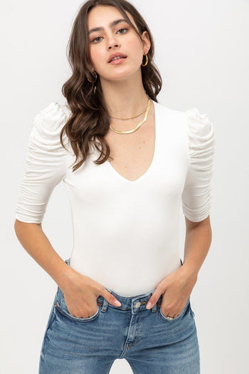 Sheered 3/4 Sleeve, V Neck Rayon Jersey Body Suit - Deals Kiosk