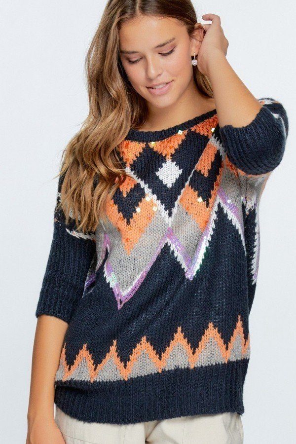 Aztec Pattern With Glitter Accent Sweater - Deals Kiosk