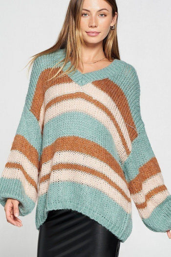 V-neck Cozy Thick Knit Stripe Pullover Sweater - Deals Kiosk