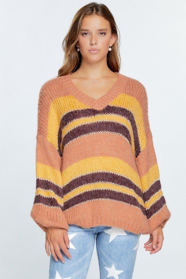 V-neck Cozy Thick Knit Stripe Pullover Sweater - Deals Kiosk