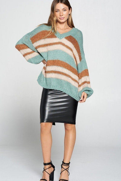 V-neck Cozy Thick Knit Stripe Pullover Sweater - Deals Kiosk