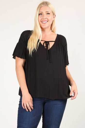 Plus Size Solid Top With A Necktie, Pleated Detail, And Flutter Sleeves - Deals Kiosk